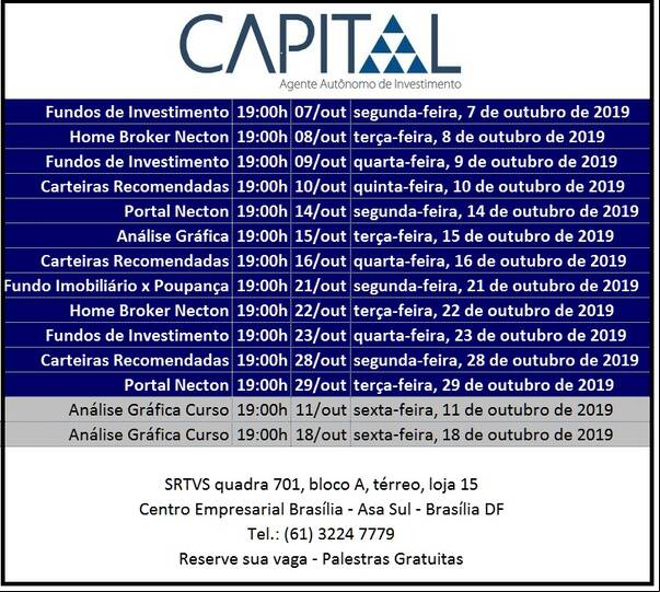 Agenda de Palestas de investimentos gratuitas em Brasilia